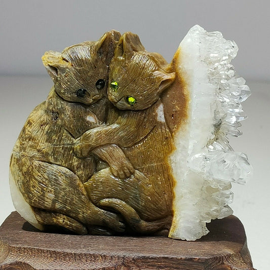 Unusual Stone Cat with Quartz Crystals, 13mm Tall, 165g (Brown, Yellow, Clear)