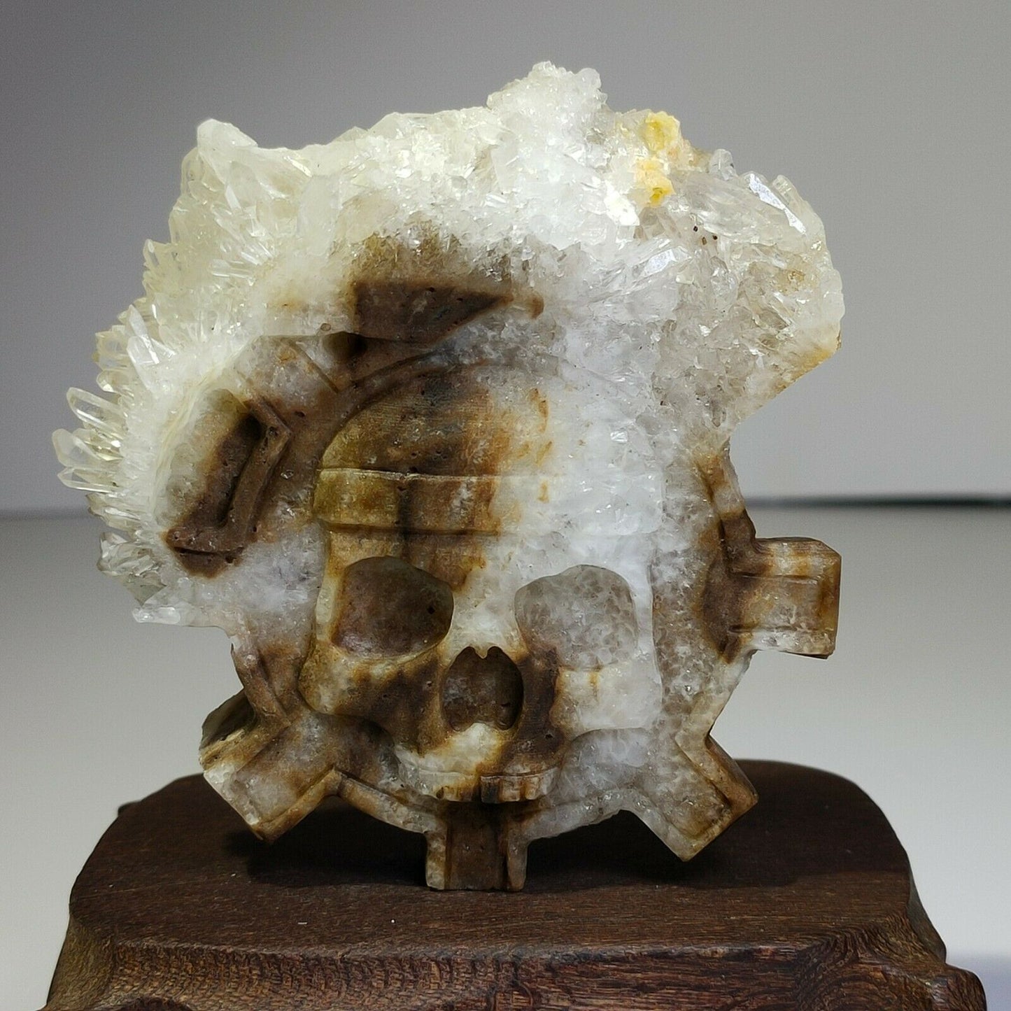 Unusual Stone Skull Human Skull with Quartz Crystals, 20mm Tall, 173g (White, Brown, Clear)
