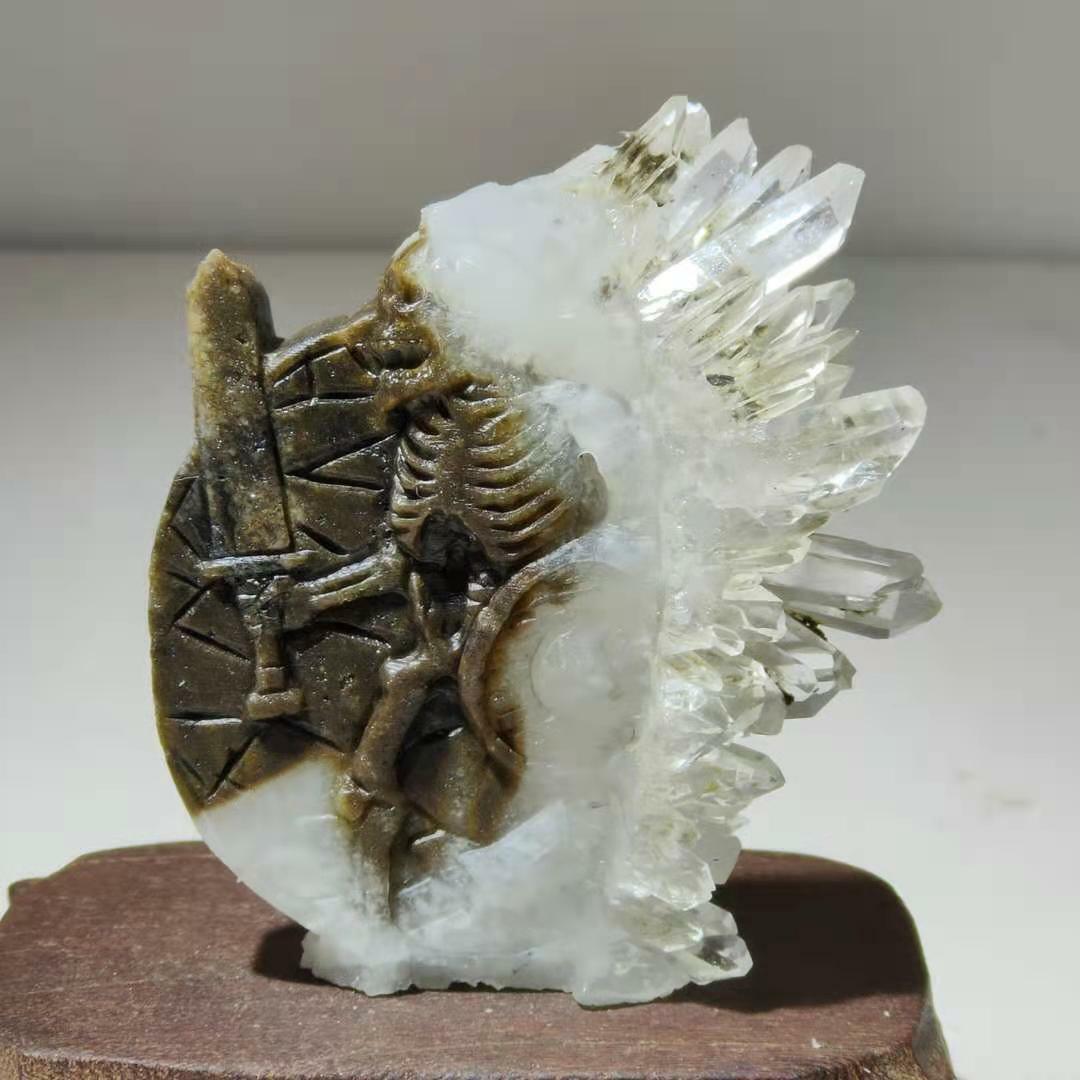 Common Stone Warrior Skeleton with Quartz Crystals, 12mm Tall, 113g (White, Clear, Brown)