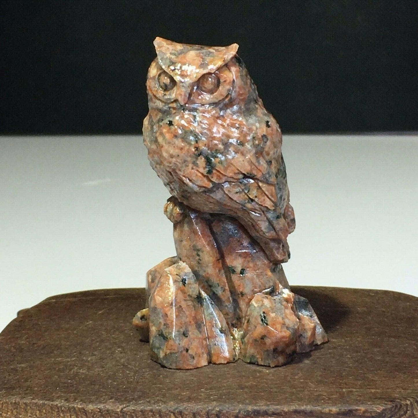 Unusual Ryolite Horned Owl with Quartz Inclusions Crystals, 25mm Tall, 65g (Red, Brown, Black)