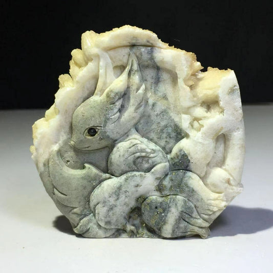 Unusual Stone Kitsune with Quartz Crystals, 16mm Tall, 185g (Gray)