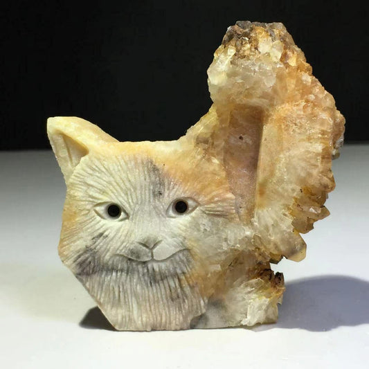 Common Stone Cat with Quartz Crystals, 18mm Tall, 166g (Orange, Gray)