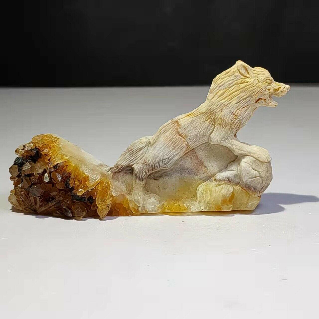 Common Stone Wolf with Quartz Crystals, 13mm Tall, 110g (Orange)