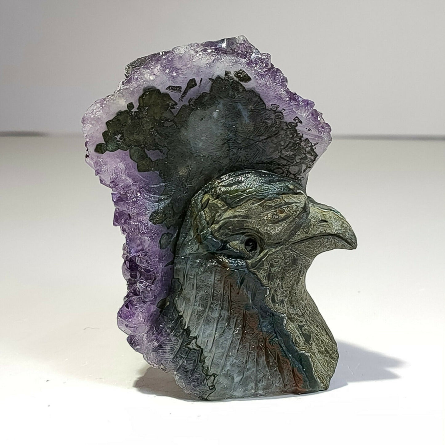 Unusual Stone Eagle with Amethyst Crystals, 18mm Tall, 143g (Purple)