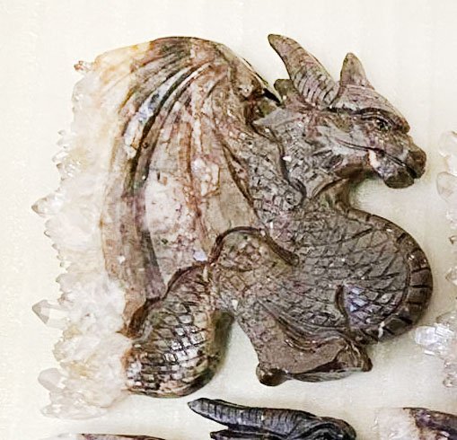 Unusual Stone Wyvern with Quartz Crystals, 525g (White, Brown, Clear)