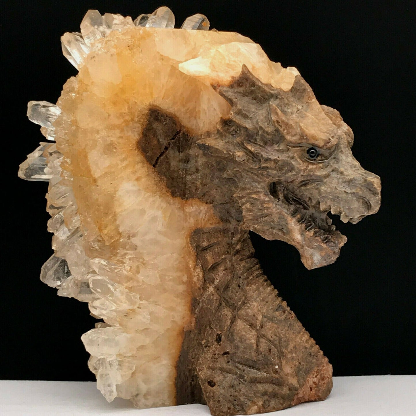 Rare Stone Dragon with Quartz Crystals, 81mm Tall, 237g (Orange)