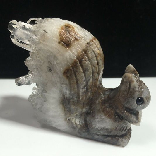Unusual Stone Squirrel with Quartz Crystals, 58mm Tall, 101g (Brown, Clear)