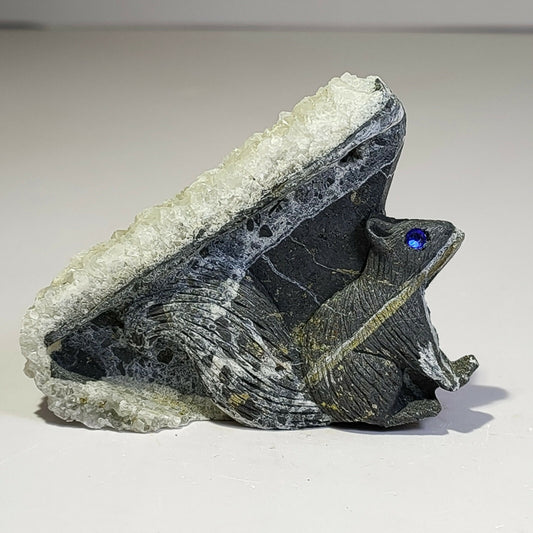 Unusual Stone Squirrel with Pyrite, Quartz Crystals, 13mm Tall, 90g (Black, White, Gray)