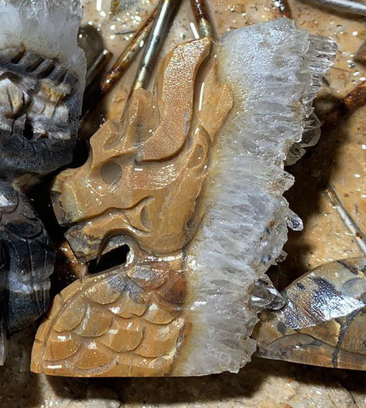 Rare Stone Dragon with Quartz Crystals, 20mm Tall, 60g