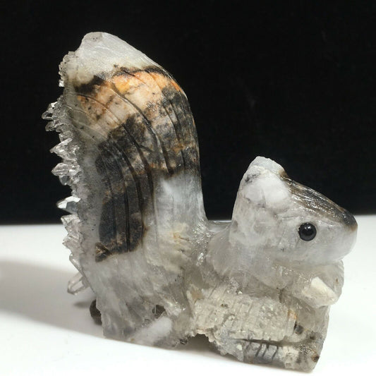 Unusual Stone Squirrel with Quartz Crystals, 70mm Tall, 137g (Gray, White, Brown)