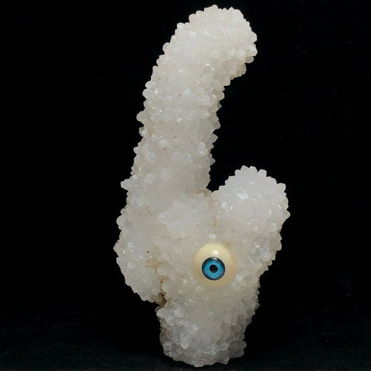 Unusual Chalcedony Stalactite Eye with Druzy Quartz Crystals, 97mm Tall, 113g (White, Blue)
