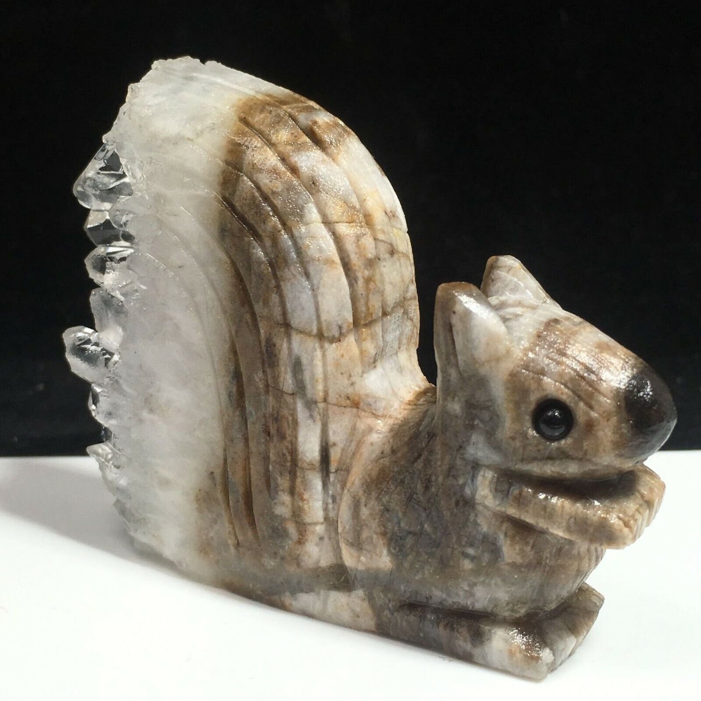 Unusual Stone Squirrel with Quartz Crystals, 70mm Tall, 128g (Brown, White)