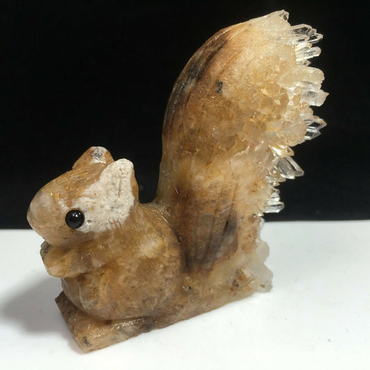 Rare Stone Squirrel with Quartz Crystals, 57mm Tall, 87g (Orange, Brown, White)