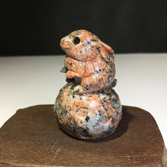 Unusual Rhyolite Rabbit with Quartz Inclusion Crystals, 28mm Tall, 89.3g (Red, Pink, Black)