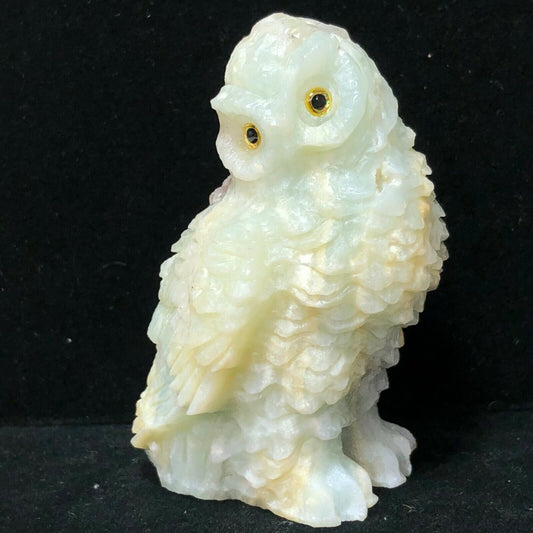 Unusual Amazonite Owl with Geodic Quartz Crystals, 72mm Tall, 157g (Yellow, Blue, White)
