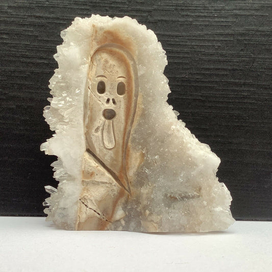 Unusual Quartz Ghost with Quartz Crystals, 99mm Tall, 261g (Cream, White, Gray)