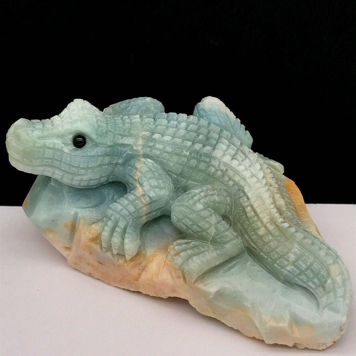 Rare Amazonite Crocodile with Geodic Quartz & Druzy Quartz Crystals, 50mm Tall, 405g (Blue, Green, Yellow)