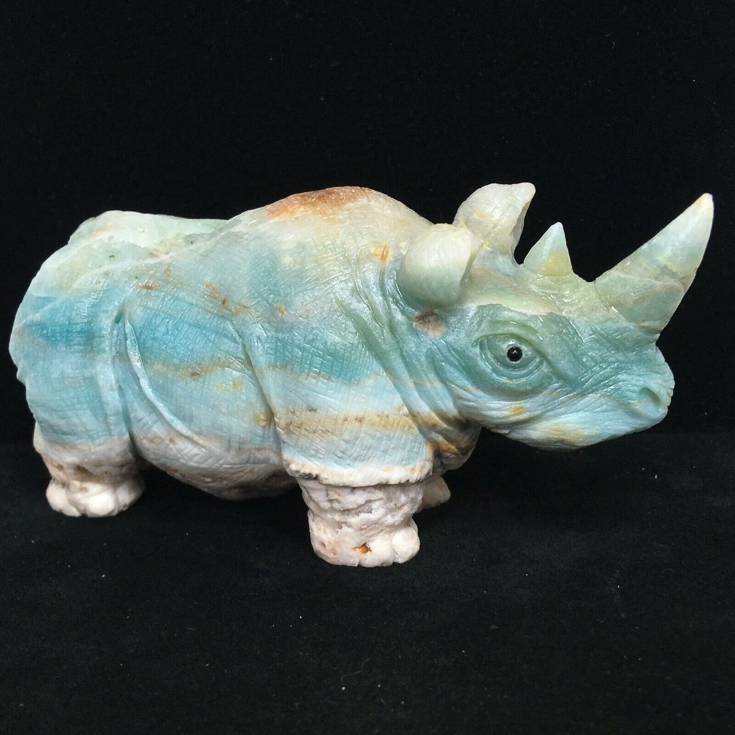 Rare Amazonite Rhino, 59mm Tall, 365g (Blue, White, Yellow)