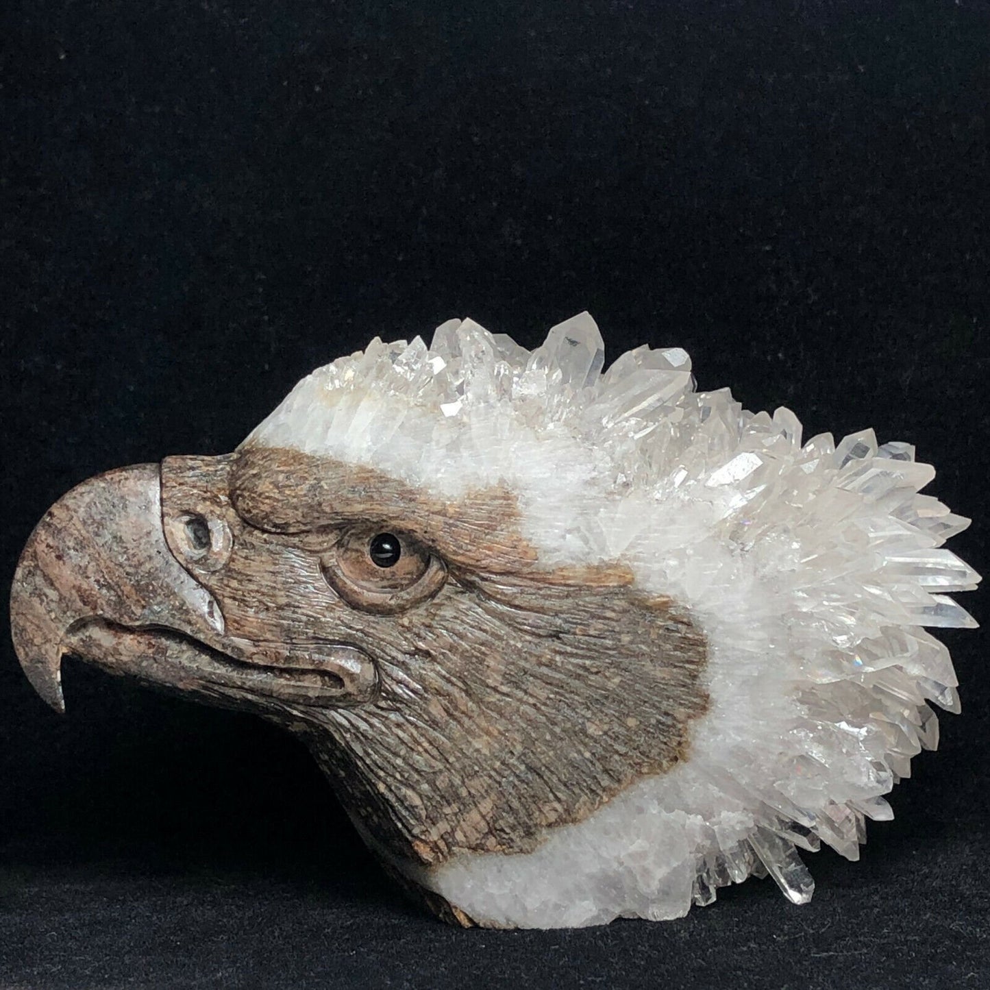 Precious Stone Eagle with Quartz Crystals, 67mm Tall, 382g (Clear, White, Brown)