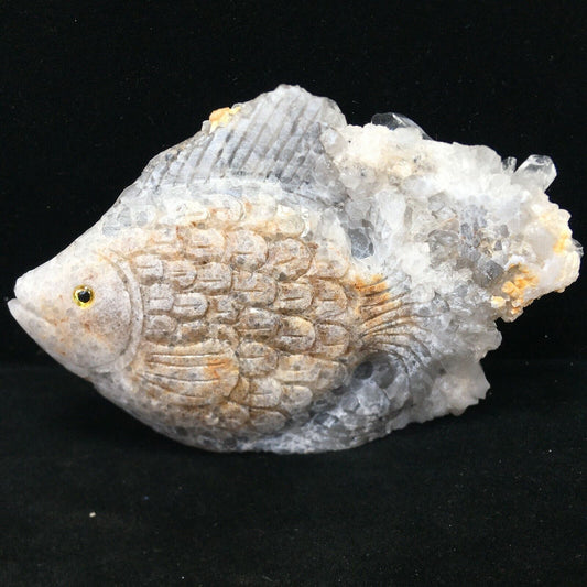 Unusual Stone Fish with Quartz Crystals, 69mm Tall, 222g (Brown, White)