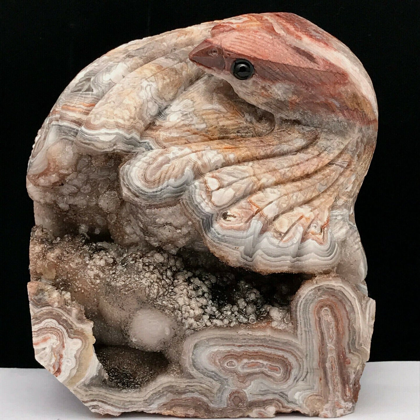 Epic Lace Agate Bird with Quartz Cave Crystals, 82mm Tall, 434g (Red, Orange, White)