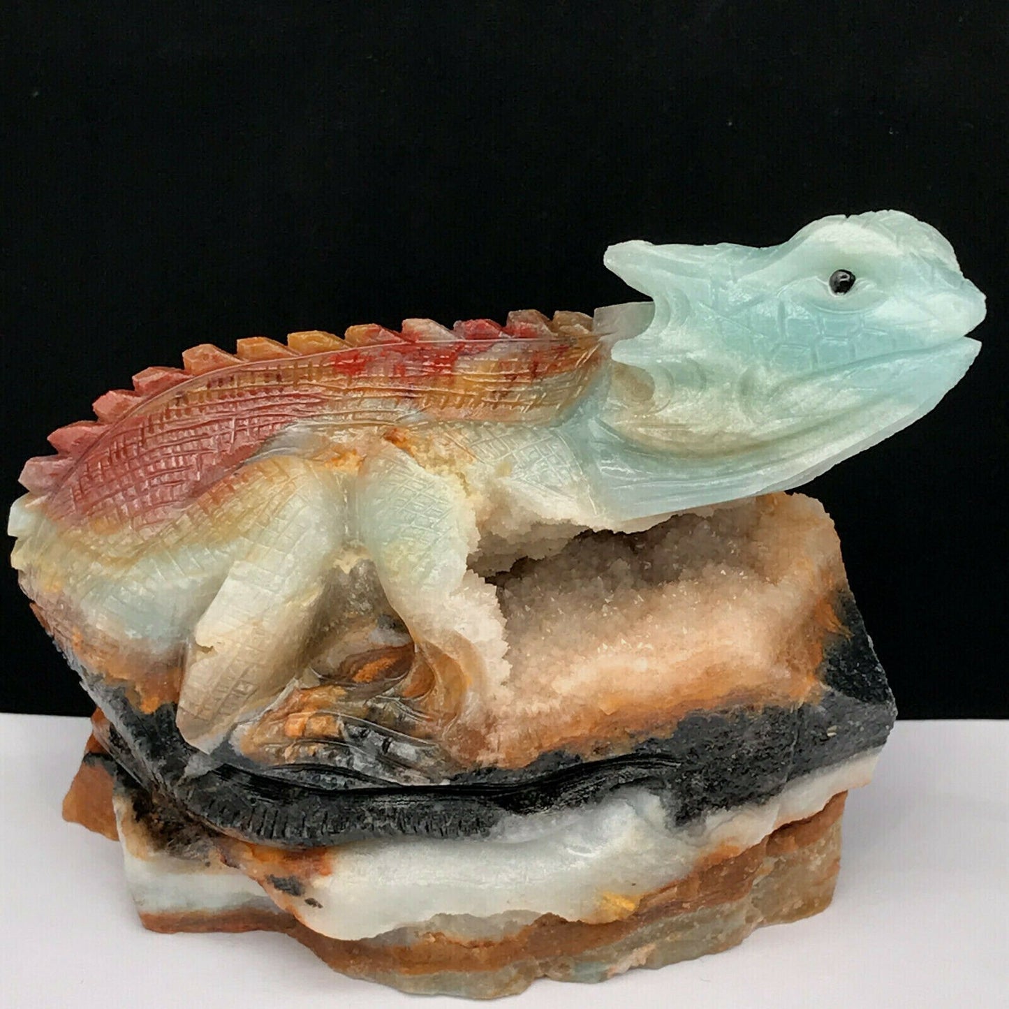 Exquisite Amazonite Bearded Dragon with Quartz Cave Crystals, 70mm Tall, 285g (Blue, Green, Red, Orange, Brown, Black)