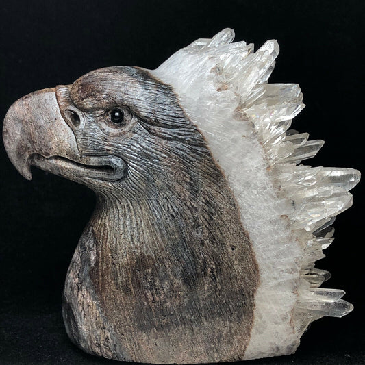 Stunning Stone Eagle with Quartz Crystals, 77mm Tall, 310g (Brown, Black, Clear)