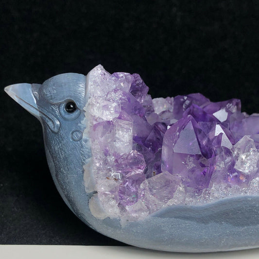 Rare Agate Bird with Amethyst Crystals, 43mm Tall, 148g (Purple, Blue, Gray)