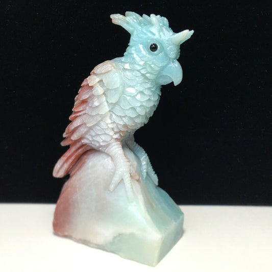 Stunning Amazonite Parrot with Geodic Quartz Crystals, 105mm Tall, 236g (Blue, Red)