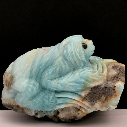 Stunning Amazonite Sloth with Geodic Quartz & Quartz Crystals, 70mm Tall, 435g (Blue, Yellow, Gray)