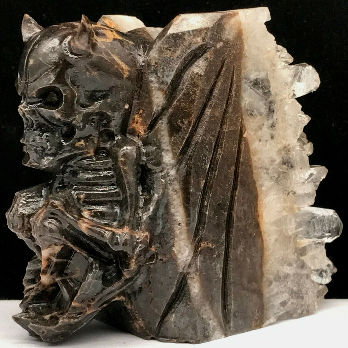 Stunning Stone Demon Skeleton with Quartz Crystals, 68mm Tall, 301g (Black, White)