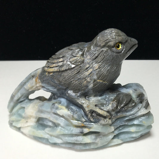 Rare Amazonite Bird with Geodic Quartz Crystals, 70mm Tall, 283g (Blue, White, Brown, Black)
