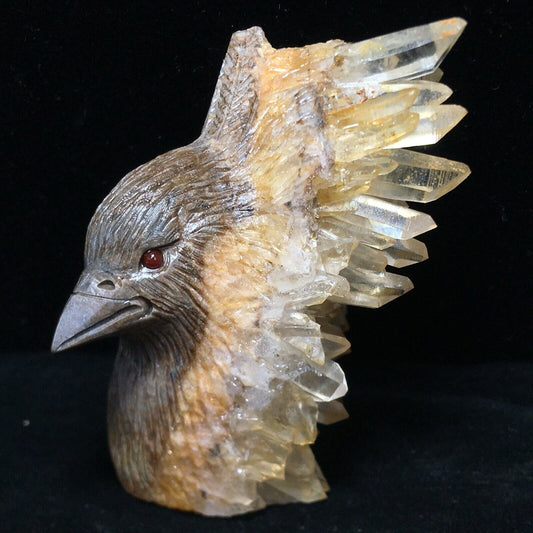 Stunning Stone Bird with Quartz Crystals, 73mm Tall, 173g (Brown, Orange, Gray)