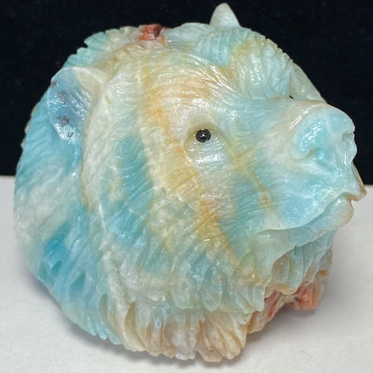 Exquisite Amazonite Bear with Geodic Quartz Crystals, 55mm Tall, 245g (Blue, Orange, Red, White)