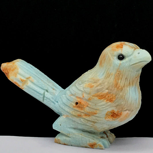 Rare Amazonite Bird with Geodic Quartz Crystals, 76mm Tall, 266g (Blue, Orange, Yellow)