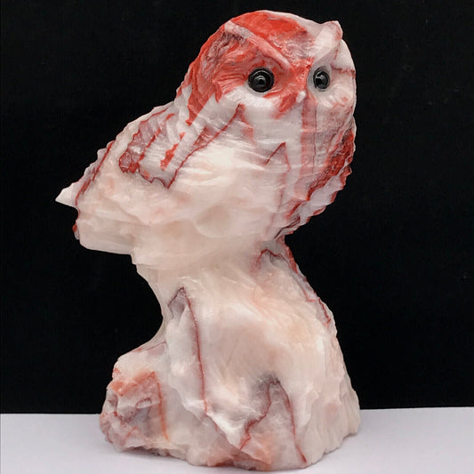 Rare Calcite Horned Owl, 89mm Tall, 299g (White, Pink, Red)