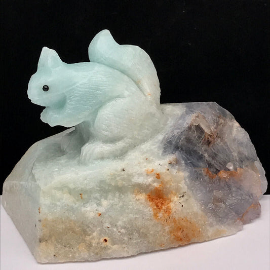 Exquisite Amazonite Squirrel with Geodic Quartz, Fluorite Crystals, 68mm Tall, 437g (Blue, White, Orange)