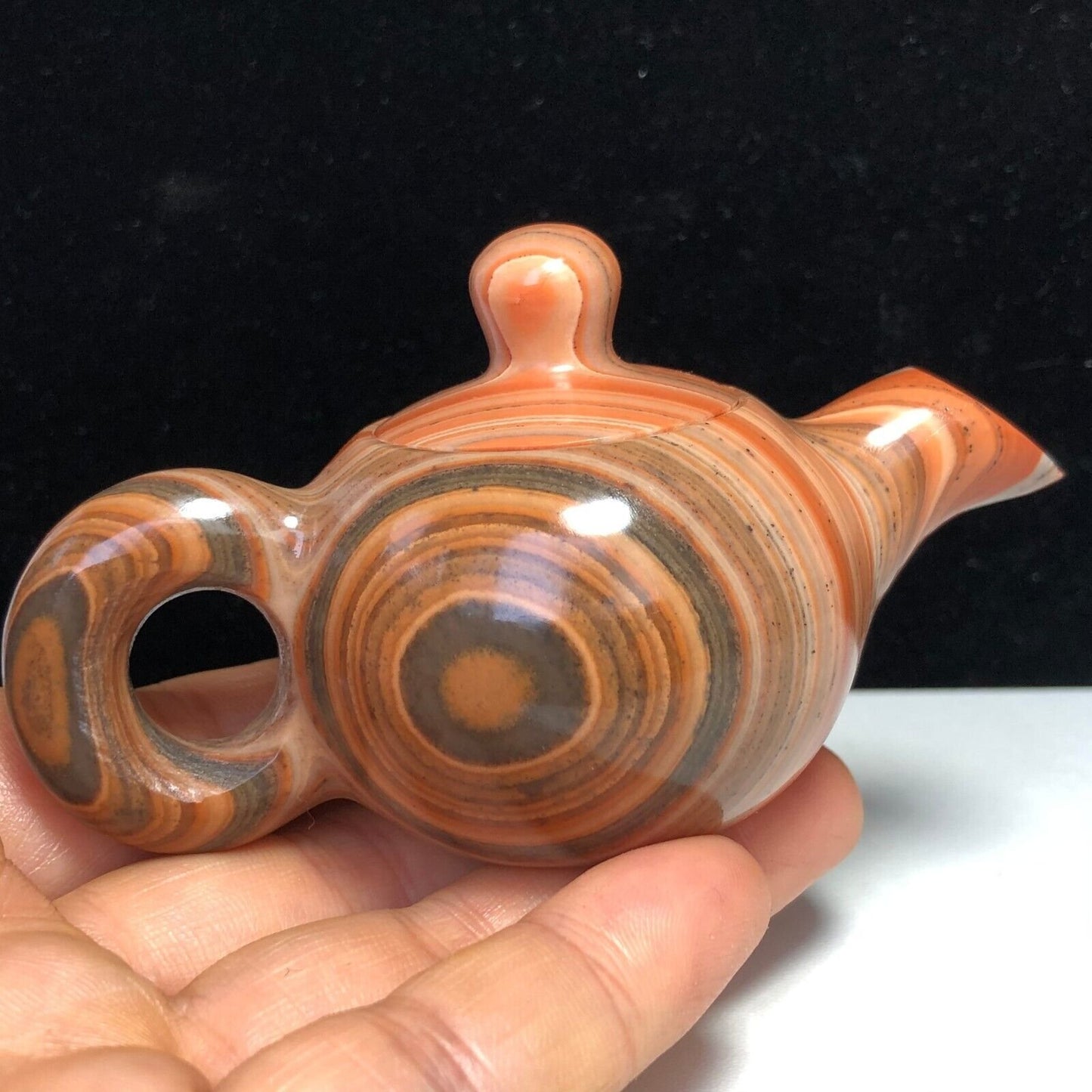 Unusual Banded Agate Teapot with Solid Crystals, 52.5mm Tall, 117g (Red, Orange, Brown)