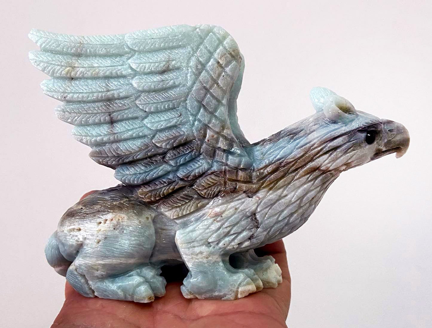 Stunning Amazonite Gryphon with Geodic Quartz Crystals, 100mm Tall, 467g (Blue, Green, White, Brown)