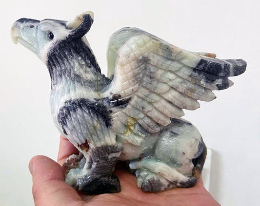 Precious Amazonite Gryphon with Geodic Quartz, Pyrite Crystals, 100mm Tall, 607g (Blue, Gray, White, Orange, Gold)