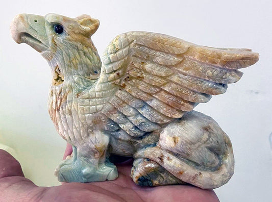 Precious Amazonite Gryphon with Geodic Quartz, Pyrite Crystals, 95mm Tall, 669g (Yellow, Orange, Blue, White, Gold)