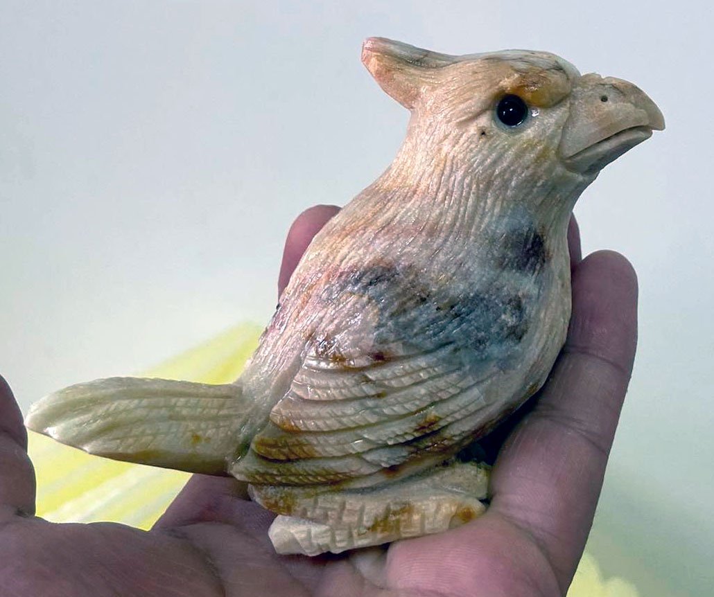 Stunning Amazonite Bird with Quartz, Pyrite Crystals, 80.84mm Tall, 305g (Yellow, Orange, Brown)