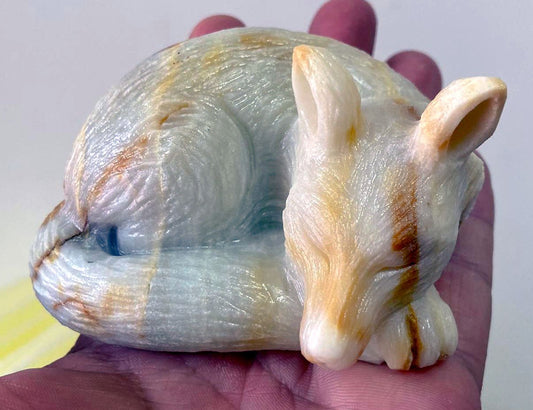 Exquisite Amazonite Sleeping Fox or Wolf, 51mm Tall, 322g (Yellow, Orange, White)