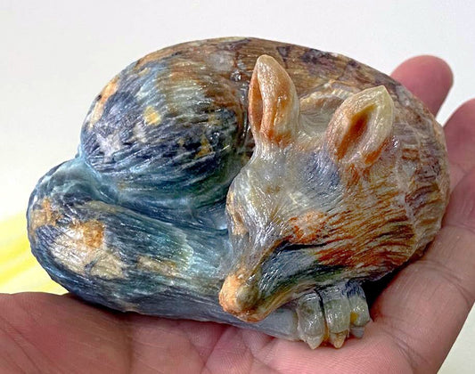 Stunning Amazonite Sleeping Fox or Wolf with Druzy Quartz Crystals, 52mm Tall, 382g (Orange, Brown, Blue)