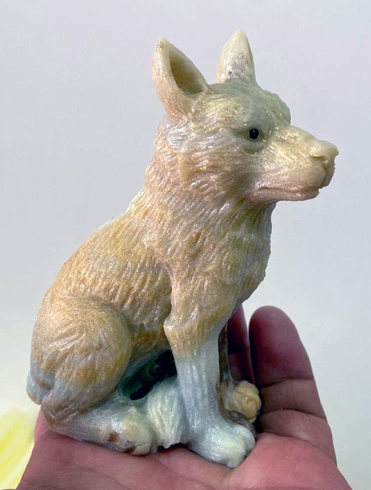 Exquisite Amazonite Sitting Wolf, 100mm Tall, 261g (Yellow, Blue)