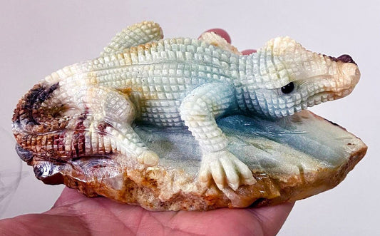 Rare Amazonite Crocodile with Geodic Quartz Crystals, 51mm Tall, 459g (Blue, Green, Red, Orange, Yellow, White)