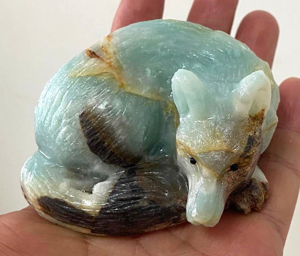 Stunning Amazonite Resting Fox or Wolf with Geodic Quartz Crystals, 40mm Tall, 288g (Blue, Brown, Red)