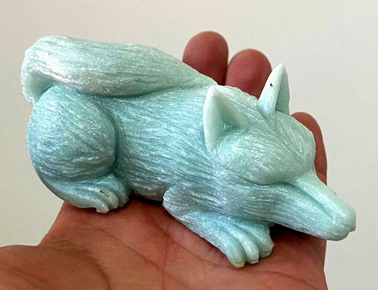 Stunning Amazonite Sleeping Fox or Wolf with Geodic Quartz Crystals, 45mm Tall, 279g (Blue, Green, Orange, White)