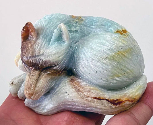 Stunning Amazonite Fox or Wolf with Geodic Quartz Crystals, 45mm Tall, 355g (Blue, Green, Yellow)