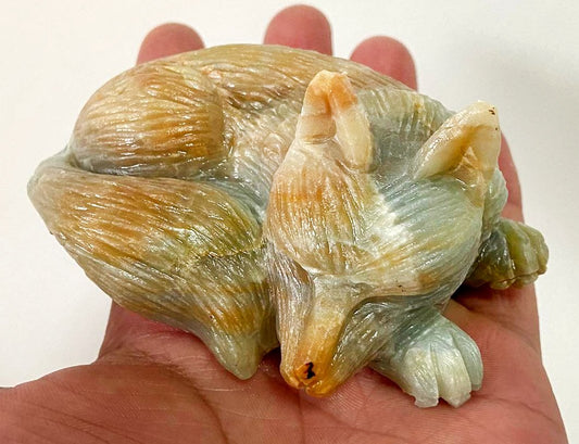 Rare Amazonite Fox or Wolf with Geodic Quartz Crystals, 48mm Tall, 317g (Yellow, Orange, Blue)